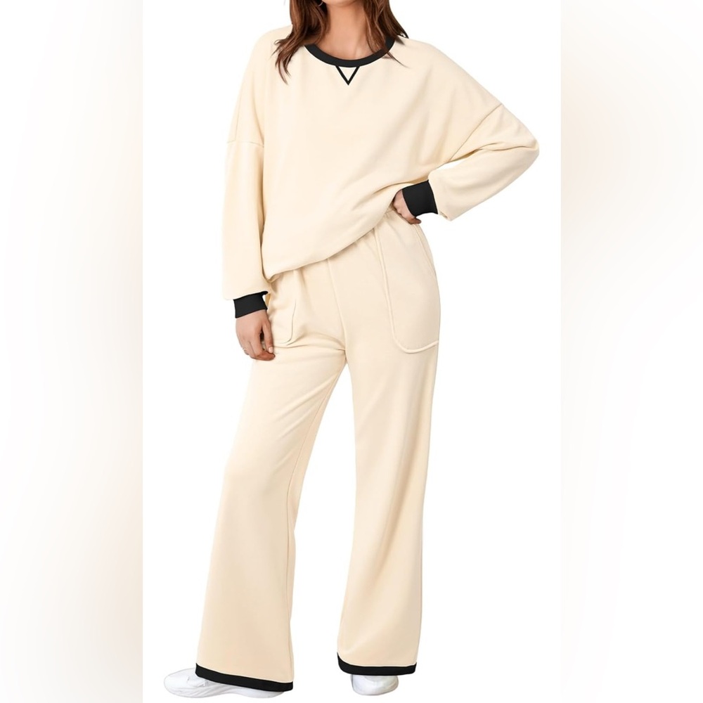 Aleumdr  2 Piece Side Split Top with Wide Leg Pants Matching Loungewear Set